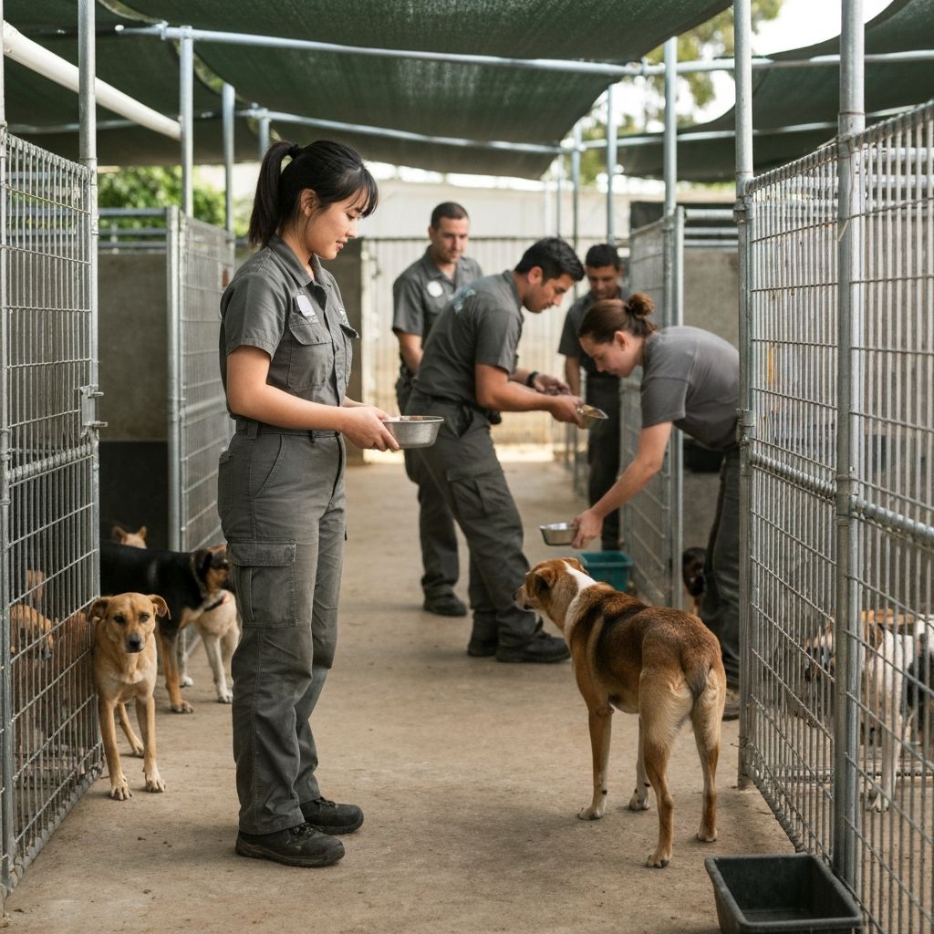 Trabajadores alimentando a los perros