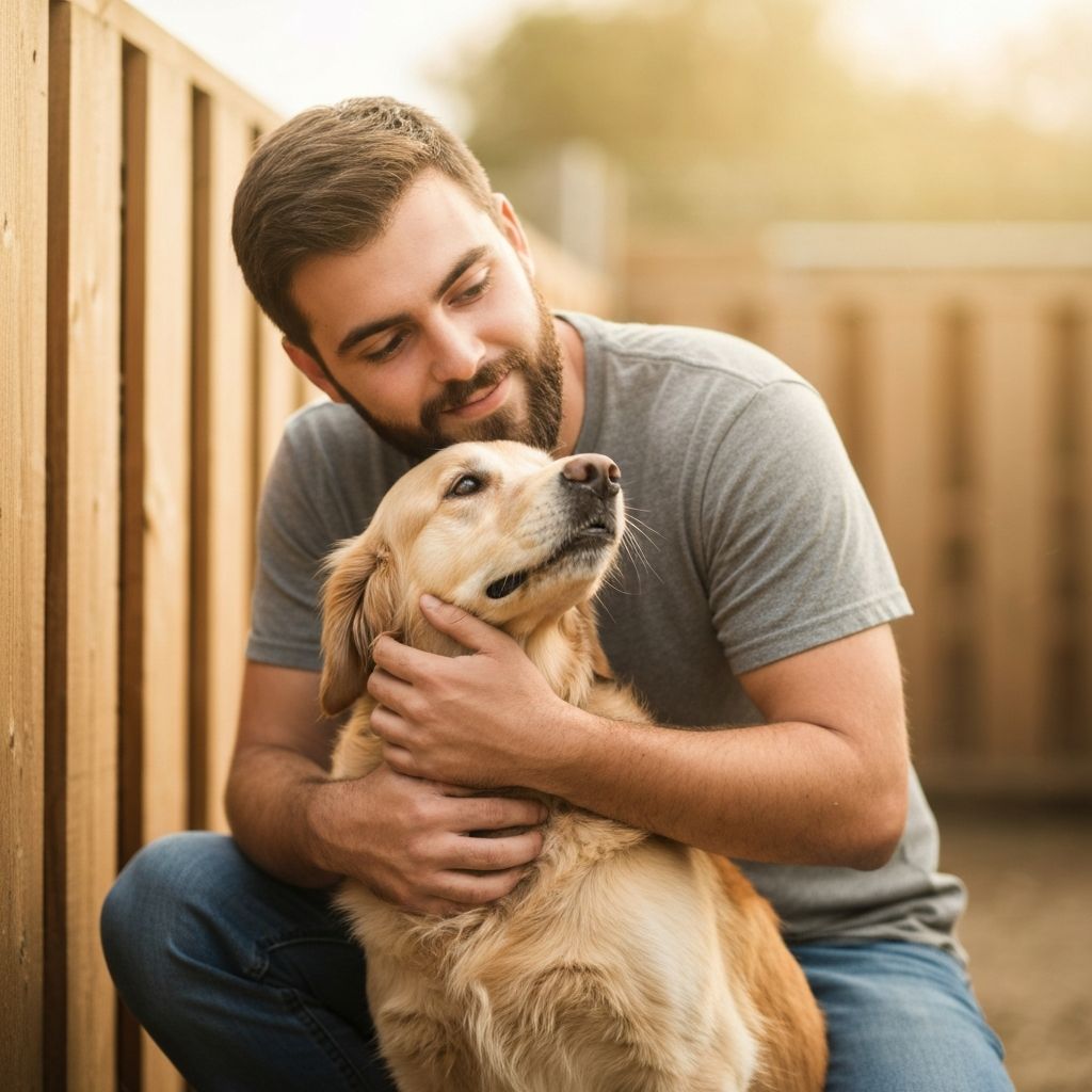Voluntario abrazando a un perro rescatado