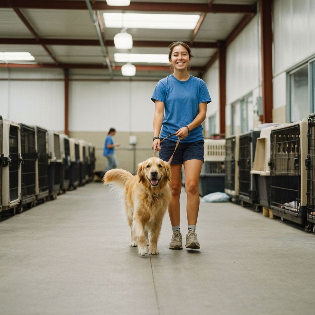 Voluntario paseando un perro del refugio